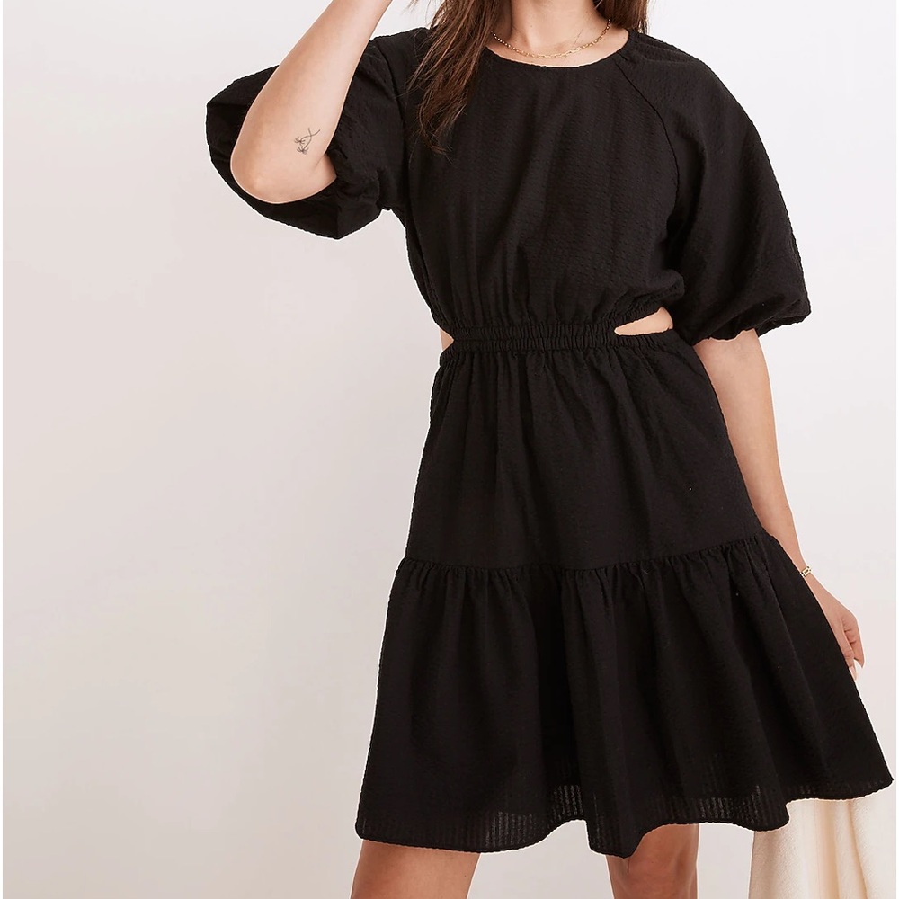 Madewell Seersucker Puff-Sleeve Cutout Mini Dress